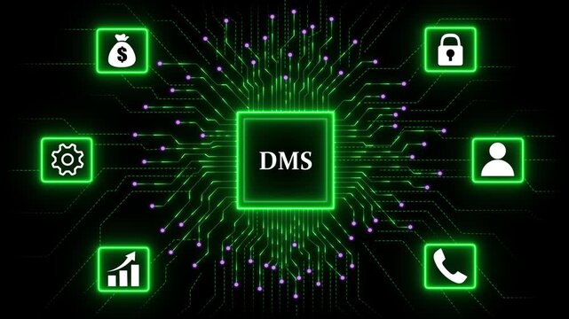 DMS Technology Network with Data Security and Automation. DMS Return on investment financial growth concept. Abstract glowing green circuit board background. 4k video