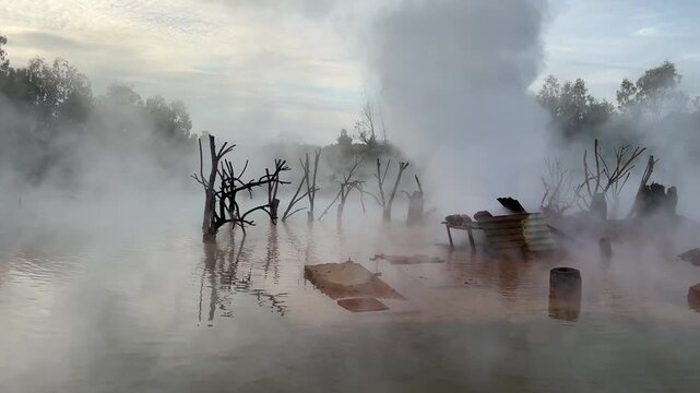 Steaming geothermal hot springs with dead trees and mystical fog at dawn.