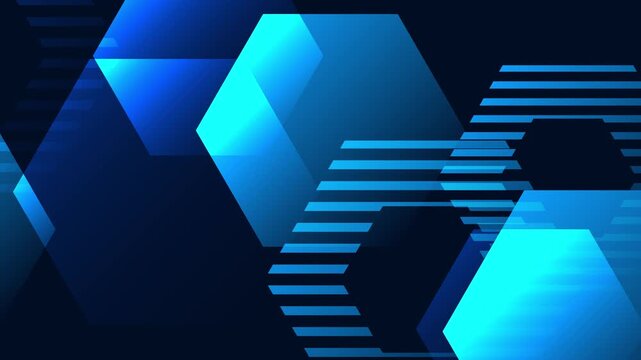 Abstract animated background with blue hexagons moving fast to the right, creating modern motion graphics with high speed concepts, ideal for design creative, digital art, or elegant corporate themes