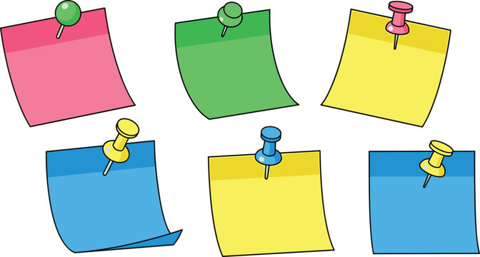Colorful Sticky Notes Icon Set with Push Pins for Office, Reminder, and Note-taking Designs