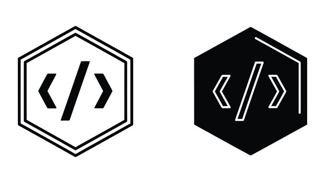 Hexagonal icons representing code or programming concepts in contrasting styles