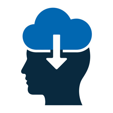 Vector of a human head with a cloud and download arrow symbolizing cloud computing or data transfer in a digital environment