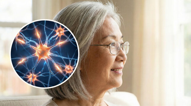 A serene senior Asian woman with glasses gazes thoughtfully, overlaid with a glowing illustration of interconnected brain neurons, symbolizing mental health.