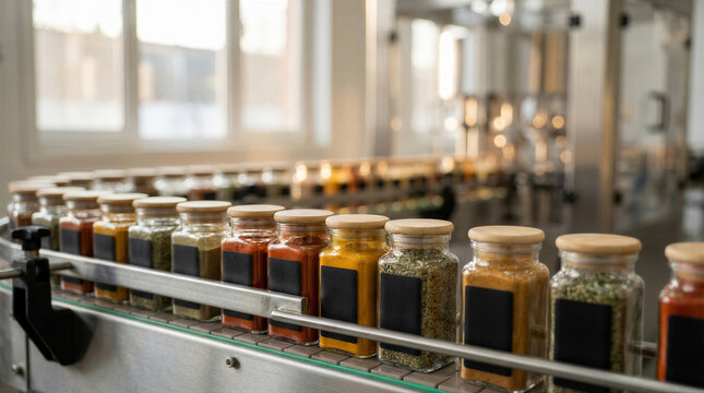 A long line of colorful spice jars with blank labels moves steadily along a modern conveyor belt in a food production facility.