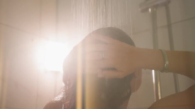 Warm cascading shower in hotel bathroom, guest rinsing hair under bright backlight with reflective glass and elegant fixtures uplifting mood, clean modern design, polished hospitality vibe