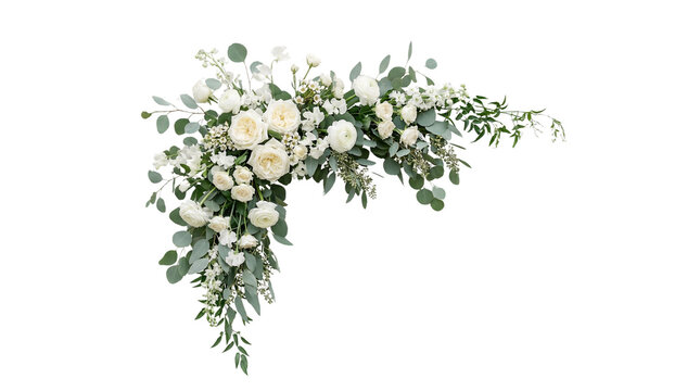 Elegant corner floral arrangement with white roses and lush greenery, ideal for wedding arches, event decoration, and special occasions