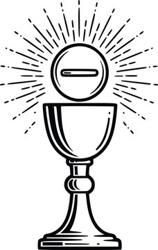 Holy Communion Chalice and Host with Rays Hand Drawn Line Art Vector