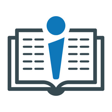 Vector of an open book with a large information icon in the center of the pages.