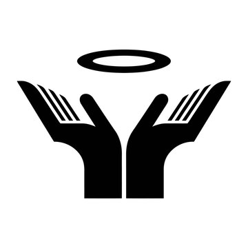 Vector icon depicting two hands holding a halo above them symbolizing care and protection