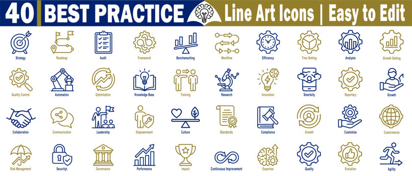 Best practice line art icons set. Easy to edit. The set includes icons such as automation, collaboration, knowledge base, research, and innovation. vector illustration.