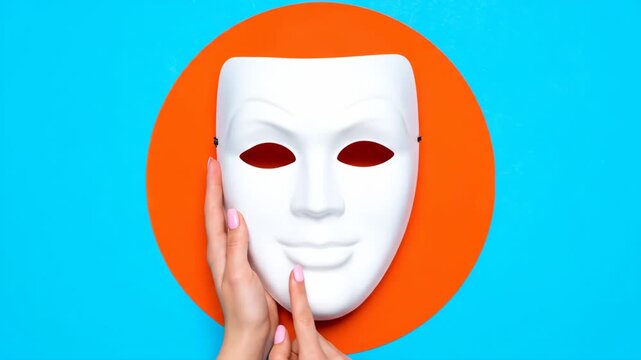 Conceptual sequence of female hands revealing a white anonymous mask. Hiding identity, impostor syndrome and personality concept. Colorful pop art banner for mental health topics