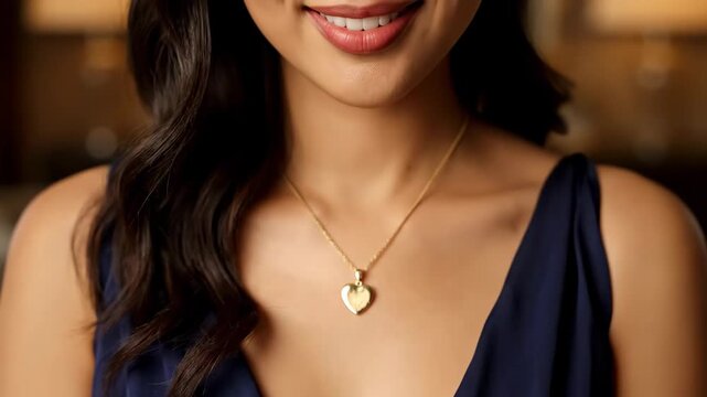Elegant young asian woman wearing a precious gold heart locket. A sequence showing a close up of the necklace and her happy expression. Perfect for valentine's day or anniversary gifts