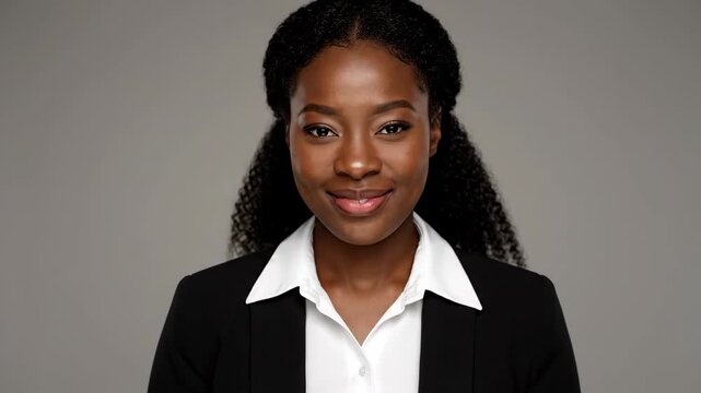 Confident young african businesswoman smiling at the camera. Professional corporate headshot for a career or leadership concept. Wide banner format with a positive and friendly expression
