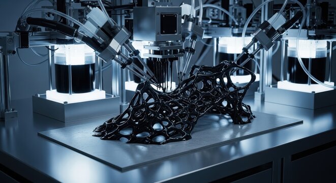 Industrial robotic arms assembling complex machinery parts.