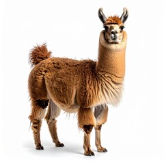 Naklejka premium Full body studio portrait of a fluffy brown llama standing centered and facing forward on a white background, featuring detailed wool texture, long neck, and alert pointed ears.
