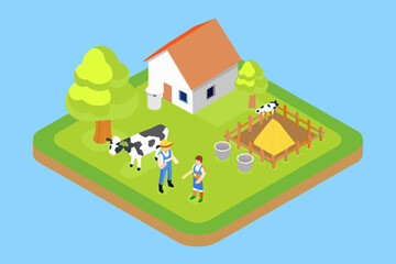 Fototapeta premium Isometric farm scene with a house cow farmer and hay bales