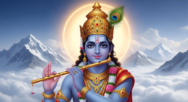 Divine Lord Krishna Playing Flute in the Majestic Himalayan Mountains - Digital Illustration