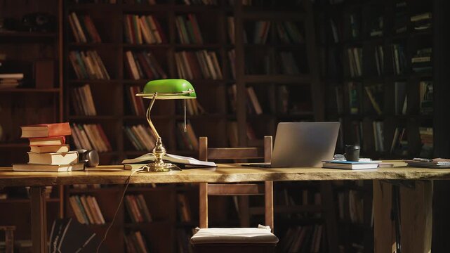 Laptop on desk with retro lamp in peaceful university library, empty study area