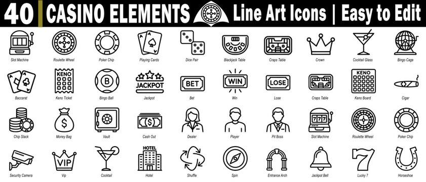 Casino elements line art icons set. Easy to edit for the user interface, website, and mobile application universal pictogram. vector illustration.