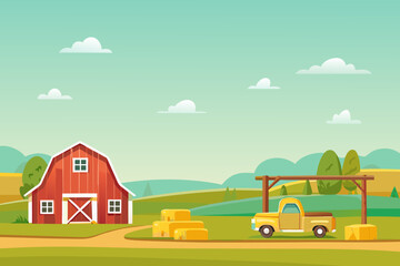 A colorful cartoon illustration of a farm with a red barn and truck © MSTShikha