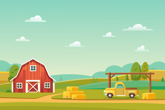 A colorful cartoon illustration of a farm with a red barn and truck