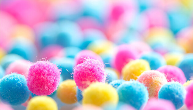 Close-up macro shot of a soft pile of fluffy pastel colored pom poms in pink blue and yellow 