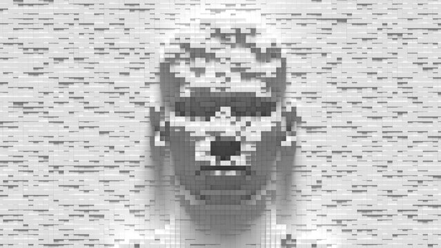 Artificial Intelligence Digital Human Face Voxel 3D illustration. Can represent biometric identity or transhumanism
