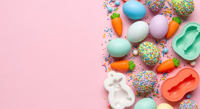 Colorful Easter egg decorations with pastel candy sprinkles on pink background