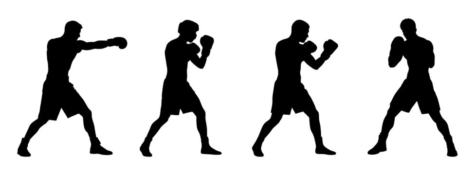 Male boxer silhouettes set. Man fighter punching and guard poses collection