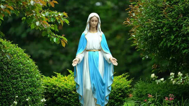 Serene statue of the blessed virgin mary standing in a beautiful summer garden. A sacred catholic sculpture symbolizing faith, peace, and devotion