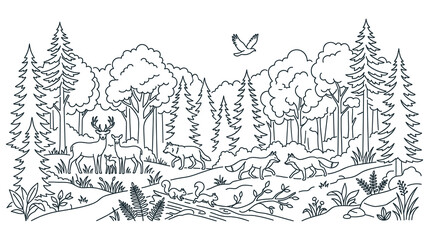 Fototapeta premium Forest landscape with wild animals line art for coloring book design.