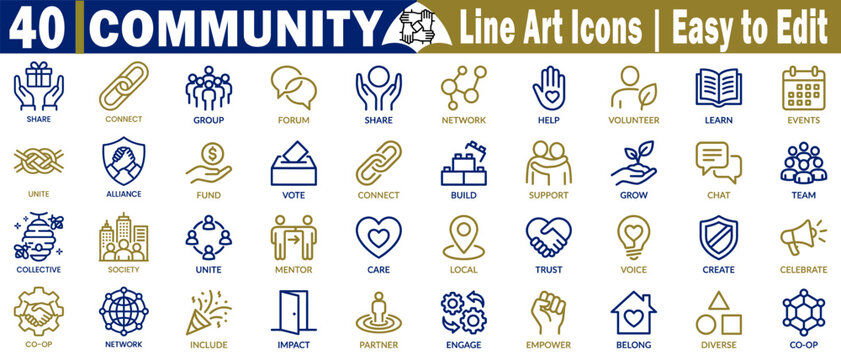 Community line art icons set. Showing social connection, sharing group forum network, help volunteer learn events unite alliance fund, and voting for society, vector illustration.