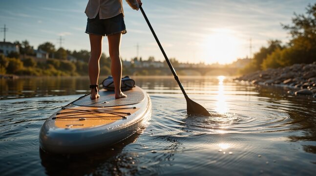 Woman practicing stand up paddle boarding on river at sunset. Athlete balancing on sup board with paddle. Outdoor water sport activity in summer. Recreation, fitness and healthy lifestyle.