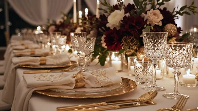 Elegant Dining Table Setting with Gold Accents and Floral Centerpiece for Special Occasion or Celebration
