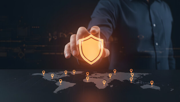 A businessman touches a virtual screen displaying core values represented by target justice and handshake icons