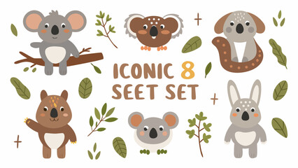 Obraz premium Vector set of 8 cute iconic australian koala characters with leaves on white background for design
