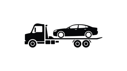 Obraz premium car carrier tow truck transporting vehicle silhouette auto transport service flatbed trailer black and white minimal illustration