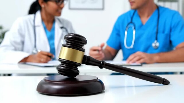Judge gavel representing medical law and healthcare justice. An indian female doctor and male surgeon discuss a malpractice lawsuit in the background