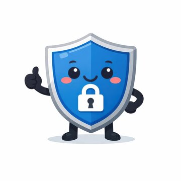 Cute cartoon blue shield mascot character with padlock and thumbs up gesture