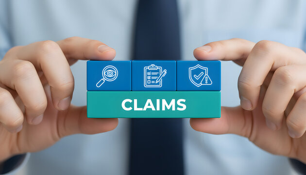 Professional hands hold blocks illustrating insurance claims process including investigation documentation and risk management in a clear business set