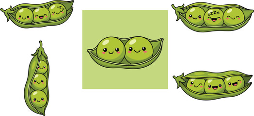 Cute pea pod cartoon set. Funny green peas characters in different poses. Kawaii vegetable mascots collection for stickers, kids design and social media. © ALFINI