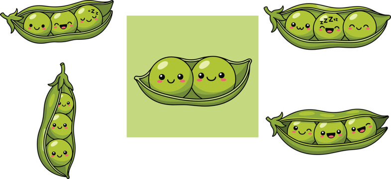 Cute pea pod cartoon set. Funny green peas characters in different poses. Kawaii vegetable mascots collection for stickers, kids design and social media.