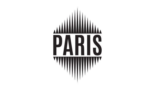 PARIS word art with sharp, geometric, symmetrical black triangle pattern below the lettering on white background