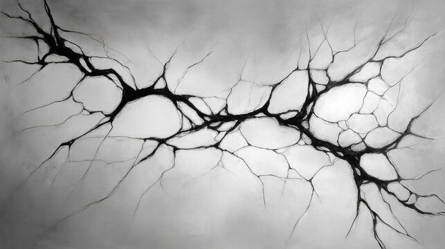 Abstract black and white artistic representation of neuron connections and synapses on a textured background showcasing intricate organic forms