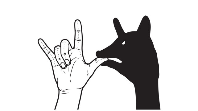 Hand in rock on gesture biting shadow wolf head symbol with white background and graphic line art style