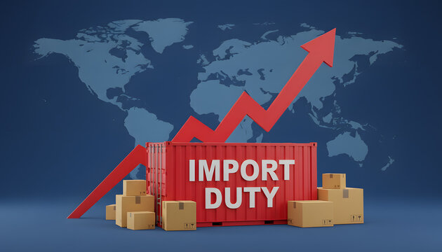 Red shipping container with import duty text surrounded by cardboard boxes and an increasing arrow on a global world map background