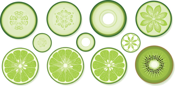 Green fruit slices vector set. Kiwi, lime and cucumber cross sections. Fresh organic citrus and vegetable slice collection for food design.