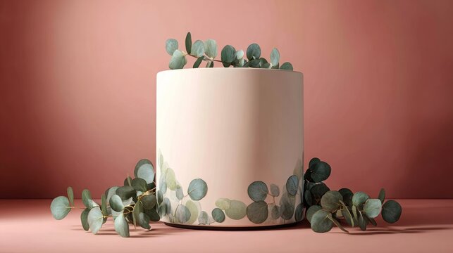 Elegant cake decorated with foliage against a soft pink backdrop