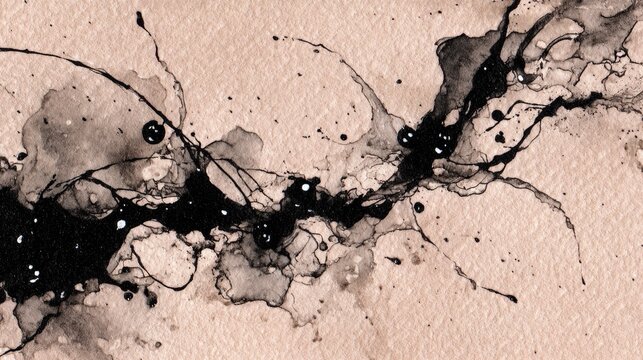 Abstract ink illustration with dynamic black splashes and fluid patterns on textured beige background for creative design projects