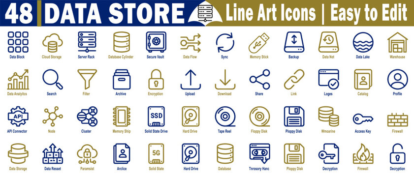 Data store line art icons set. Depicting server racks, cloud storage, and network security elements for information technology and database management systems, vector illustration.